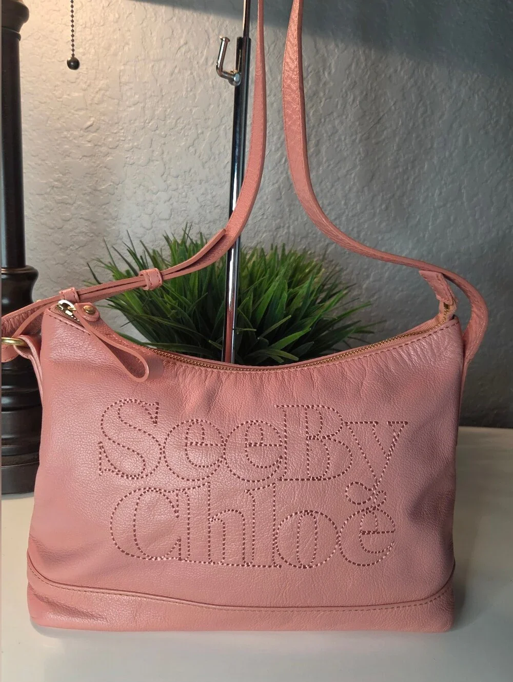 See By Chloe Embroidered Logo Pink Leather Shoulder Bag Satchel Hobo Handbag